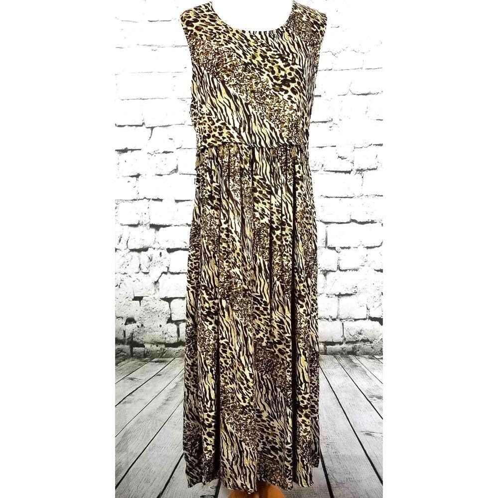 VINTAGE M.P.H. 90s Y2K Animal Print Midi Dress Beaded Tassels Sleeveless Small